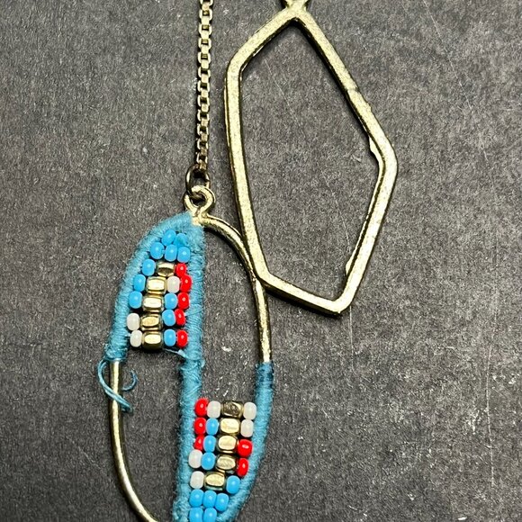Embroidered Beaded Dangle Earrings Blue Gold Tone Long Statement Southwestern - Picture 6 of 8